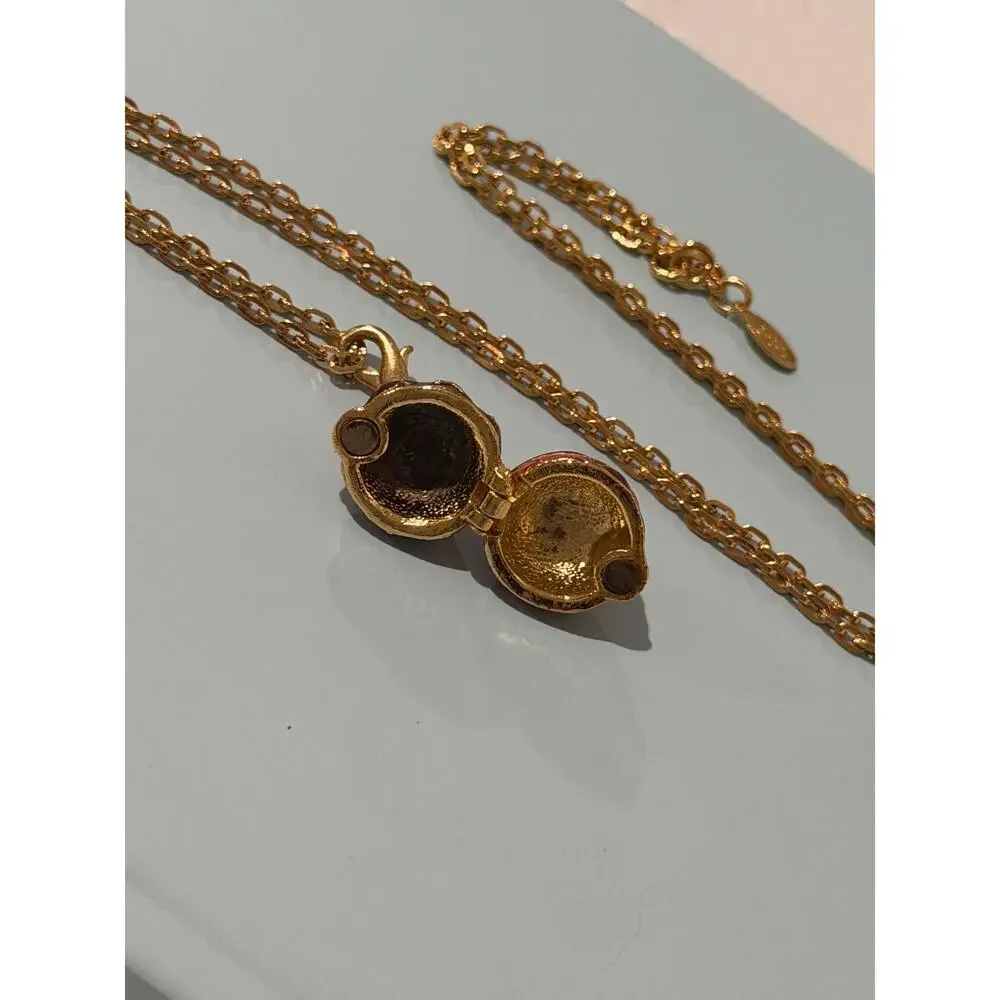 Vintage Joan Rivers Faberge Style Egg Locket Necklace • Red Enamel • Gold Plate